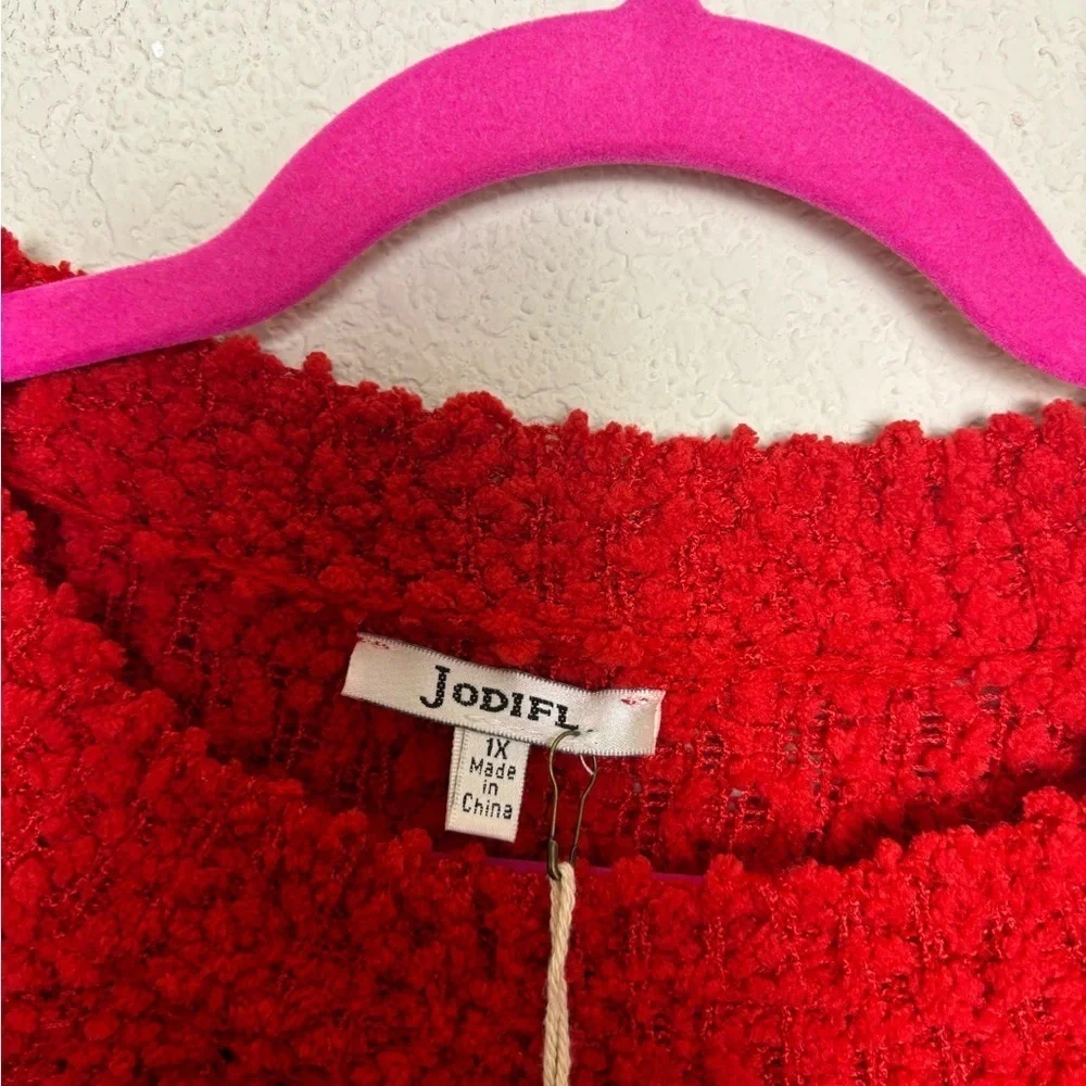 NWT Jodifl Red Plush Popcorn Knit Open Weave Oversized Pullover Sweater 1X